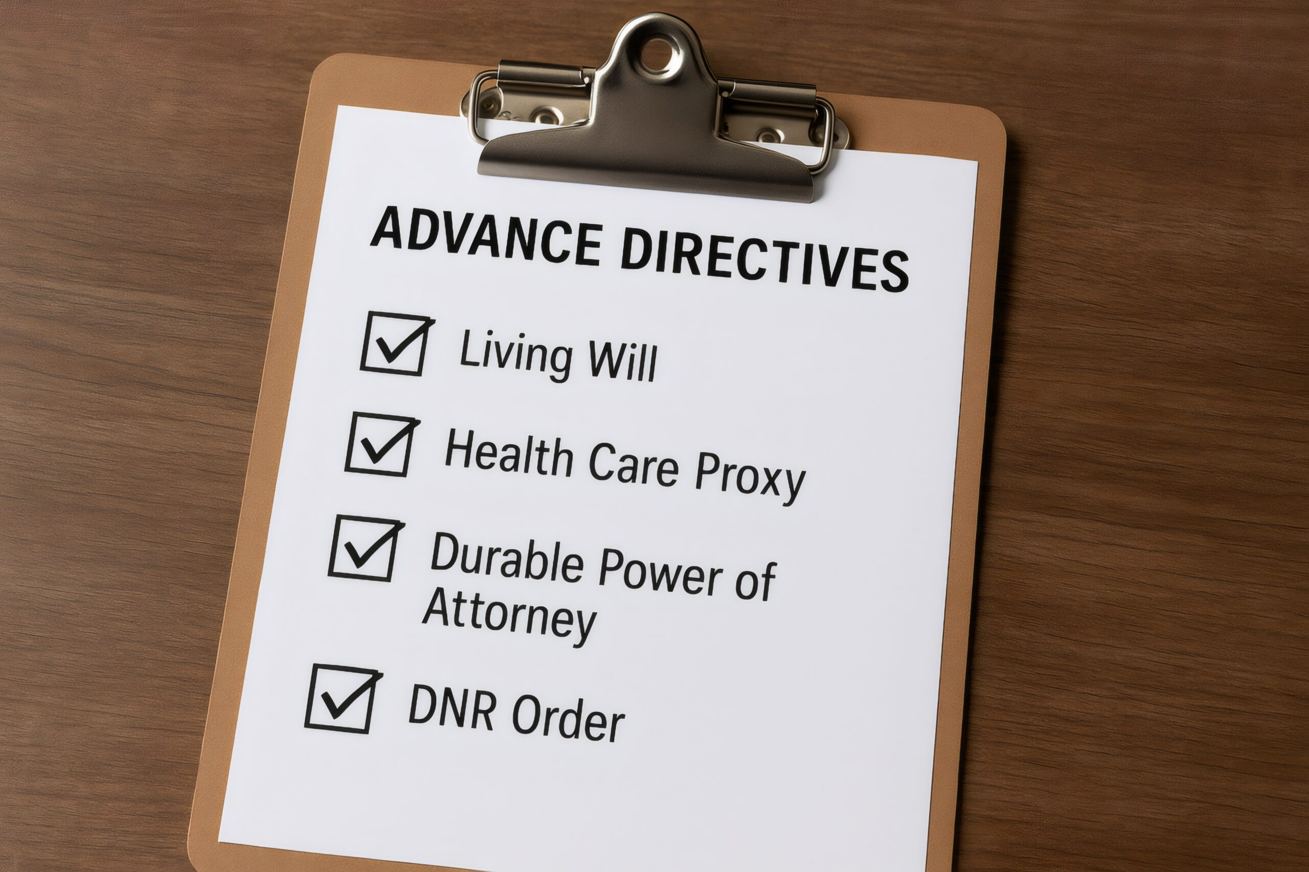 advance directives checklist including living will, health care proxy, durable power of attorney, and dnr order, ensuring end of life care preferences are documented