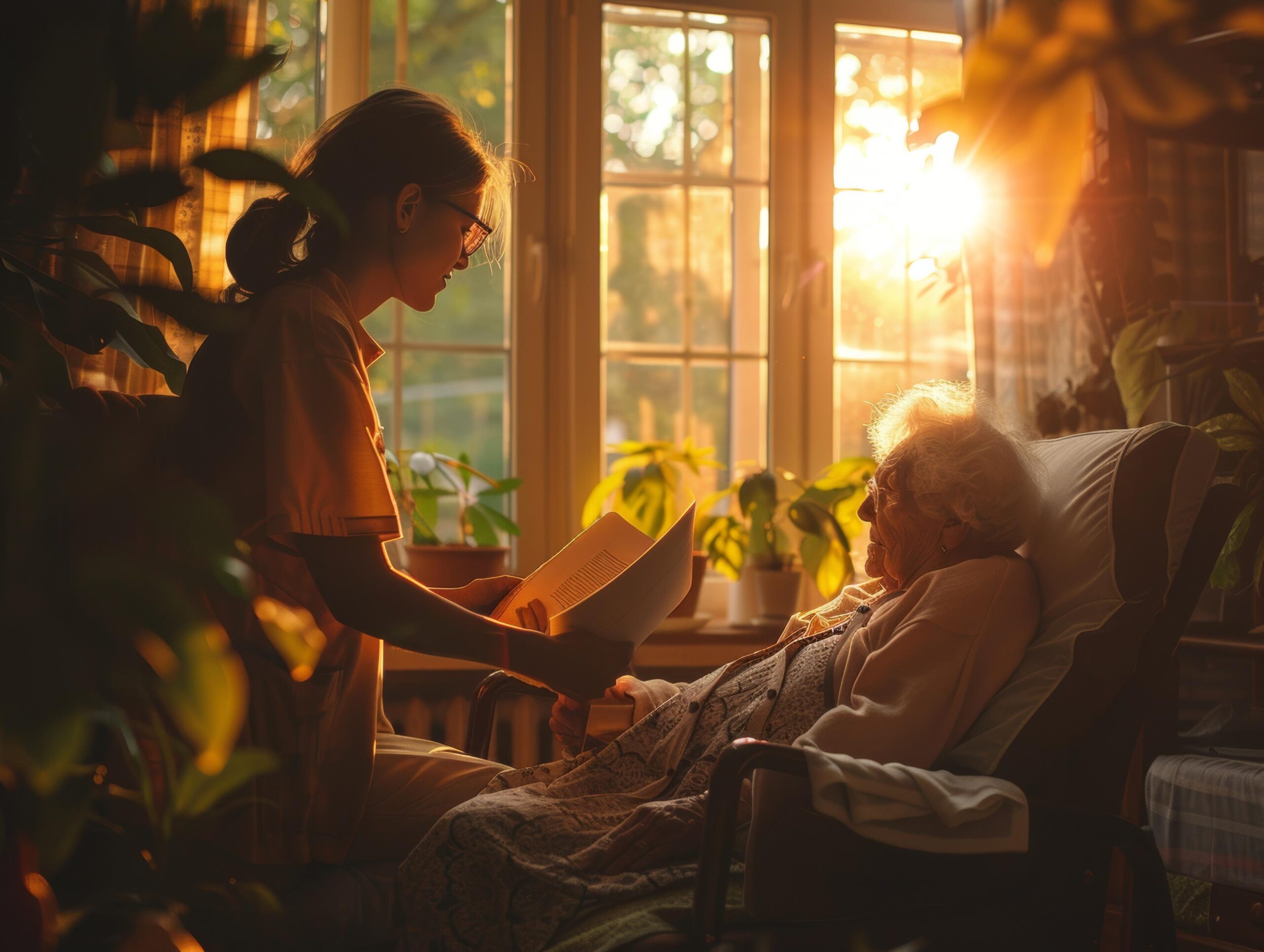 a young woman is reading to an elderly woman in a nursing home